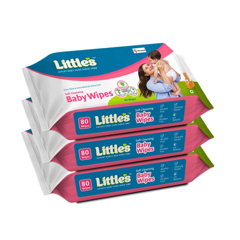 Little's Soft Cleansing Baby Wipes with Lid | 80 Wipes x Pack of 3 - 240 Wipes | Extra Thick & Moist Wet Wipes for Baby's | Prevents Rashes & Redness with Goodness of Aloe Vera, Vitamin E & Jojoba Oil