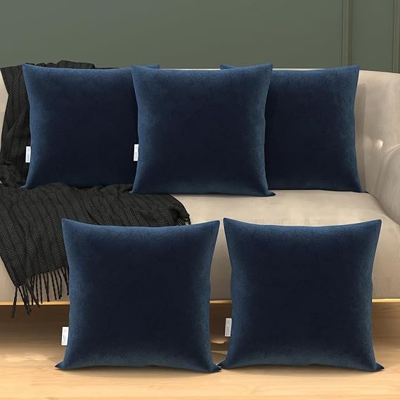 MY ARMOR Micro Fibre Square Pillow, Cushion for Sofa, Car and Decoration (12 x 12 inch or 30.5 x 30.5 cm (Pack of 5), Navy Blue Velvet Cover)