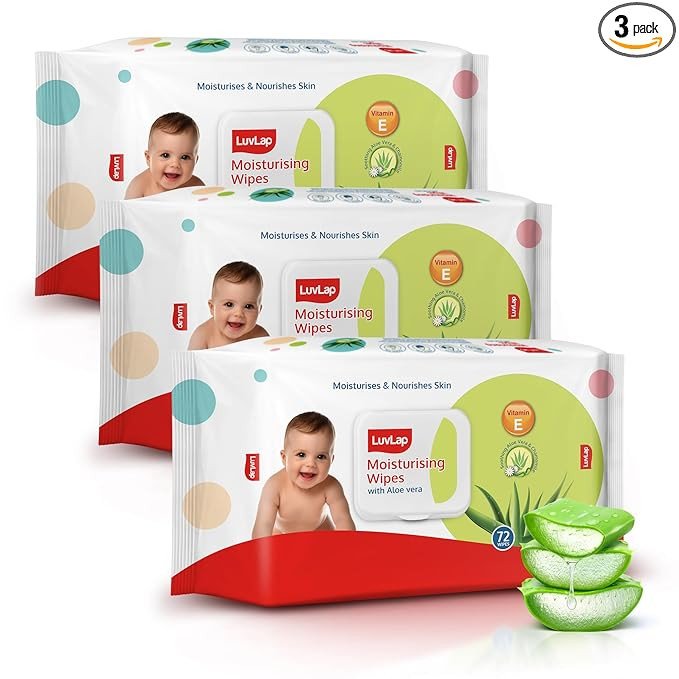 LuvLap Moisturising Wipes with Aloe Vera Lid (72 Wipes/Pack, Pack of 3)
