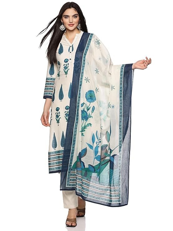 RAJMANDIRFABRICS Women's Cotton Hand Block Printed with Thread Work Straight Kurta Pant with Dupatta Set