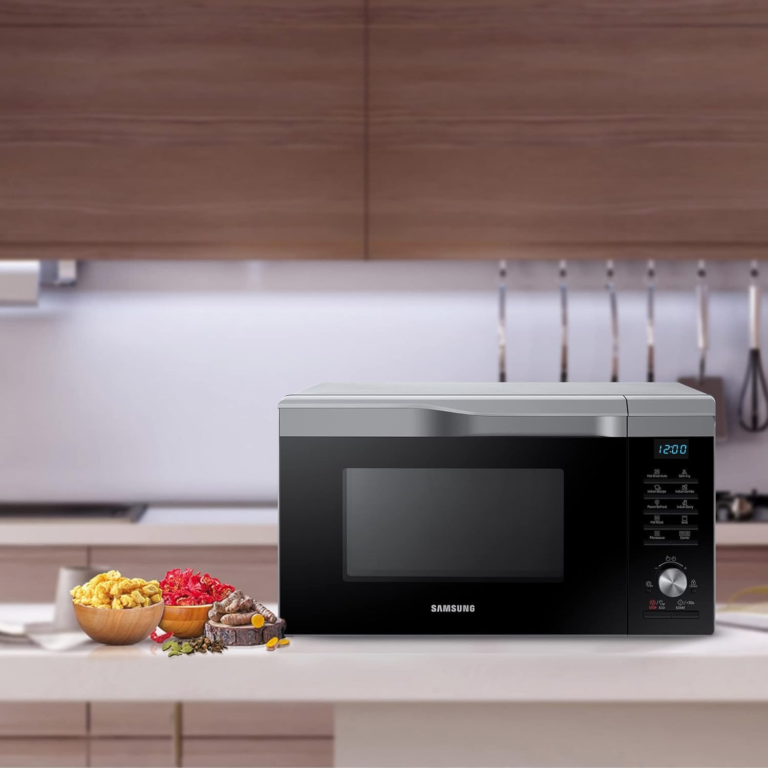 Samsung 28L Multi Spit, Convection Microwave Oven (MC28A6035QS/TL, Silver, Various Cooking Modes, Eco Mode, Hotblast, Crusty Plate, Wire Rack, Slim Fry, Ceramic Enamel Cavity with 10 year warranty)