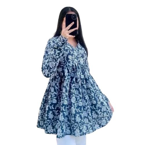 KUMAWAT Floral Print Long Sleeve Tiered Midi Kurti, Navy Blue and White, Cotton
