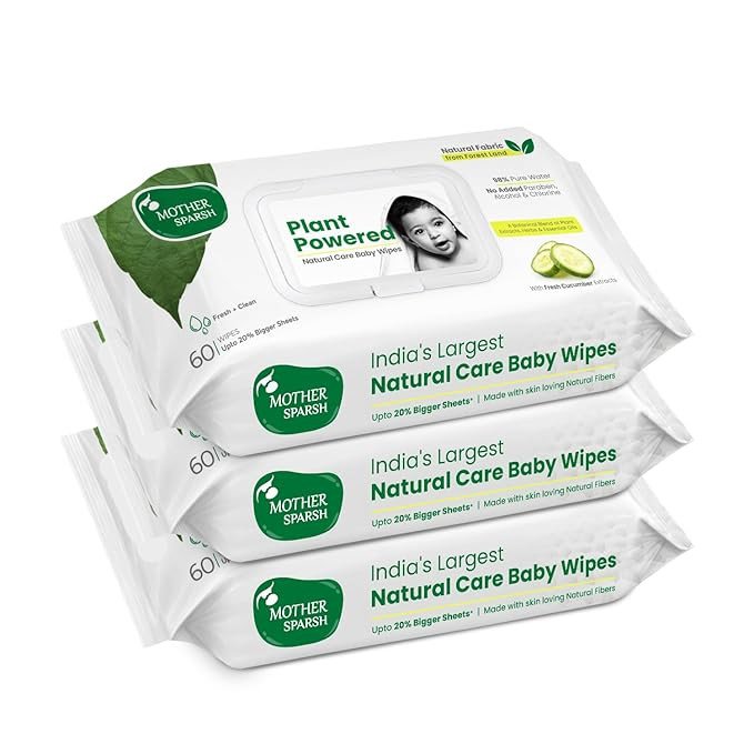 Mother Sparsh Natural Care Baby Wet Wipes with Lid | 100% Plant Made Fabric From Forest Land | Fresh+Cleanse (with Cucumber) Plant Powered Wet Wipes For Baby I Cotton Cloth Like Bigger Sheets | 60 Pcs