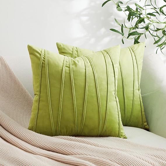 Umi Decorative Striped Throw Pillow Covers 16 X 16 Inch,Soft Solid Velvet Pillow Covers Cushion Case with Zigzag Pattern for Sofa Bedroom 40 X 40 Cm (Pack of 2) Green