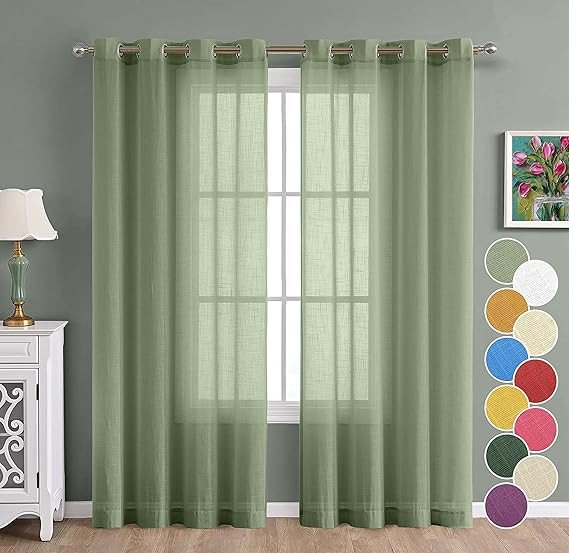 THE LINEN COMPANY Cotton Linen Sheer Solid Door Curtain With Steel Eyelet Rings- 4.5 X 7 Feet (Set Of 2 -Avocado Green)